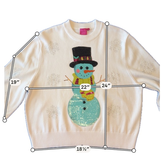 QUEEN OF SPARKLES White Sequin Snowman Crewneck with Feather Cuffs NWOT SIZE S - Picture 5 of 7